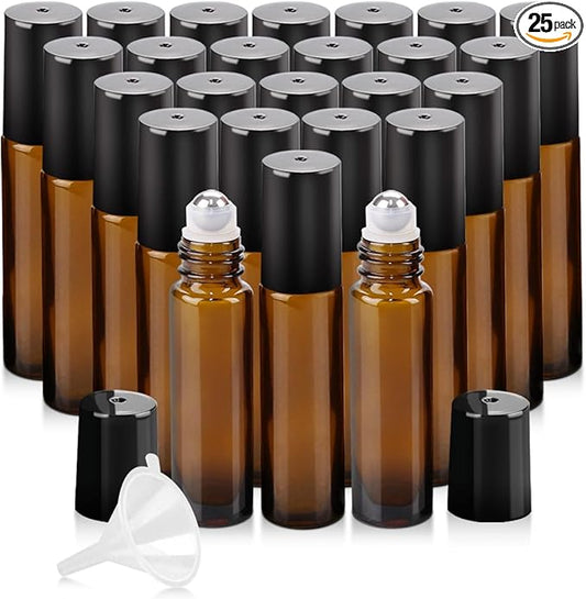 Worldgsb 25 Pack Essential Oil Roller Bottles, 10ml Refillable Amber Glass Roller Bottles with Stainless Steel Roller Balls and Caps for Travel, Perfume and Lip Gloss