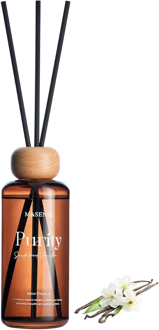 M&SENSE Sandalwood Vanilla Reed Diffuser: Upgraded Formula 6.3 fl oz Non-Toxic Aroma Set with Sticks, Long-Lasting Natural Essential Oil Gifts for Home, Bedroom