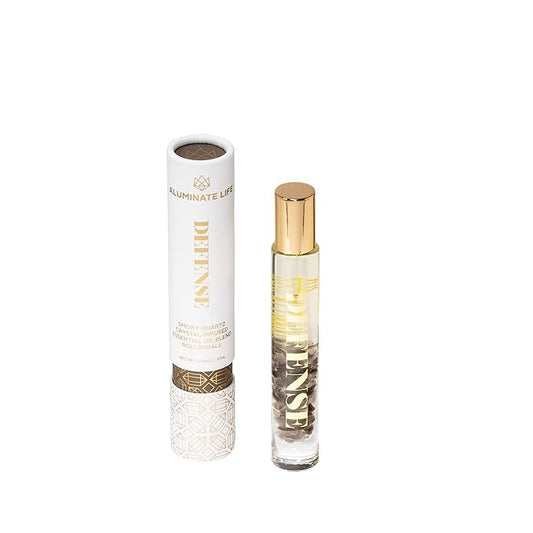 Essential Oil Rollerballs, .34 OZ, Defense - Smoky Quartz Crystal Infused - Scents of Frankincense, Neroli, & Sage - Aromatherapy Roll On Oils, Skin Care, Massage