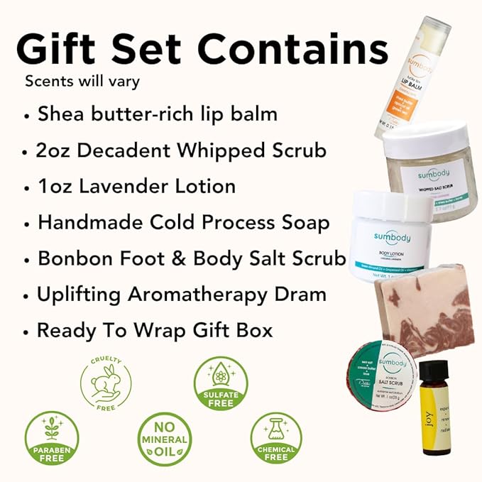 Sumbody Self Care Gifts 6pc Aromatherapy Body Care Set USA Made Women Men Teens Happy Birthday Box Spa Gift Basket Mothers Day Teacher Appreciation Vacation Essentials Bridal Shower Graduation