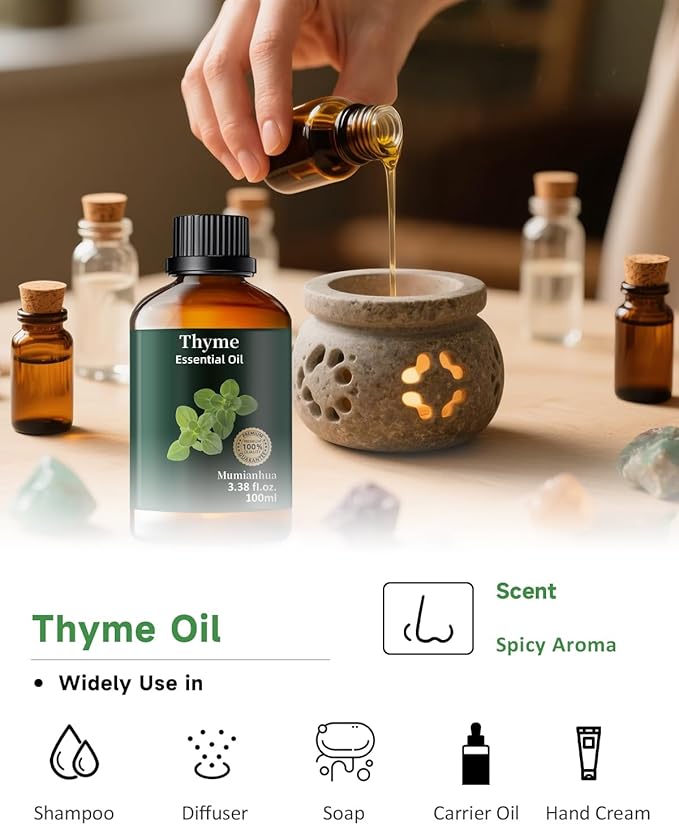 Thyme Essential Oil, Pure Thyme Oil Mumianhua Natural Outdoor Shield & Barrier Spray, for Patio, Garden, Camping, Air Purifying Diffuser & Skin 3.38 Fl Oz