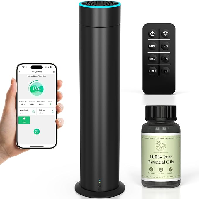 Waterless Scent Diffuser Starter Kit, 150mL Capacity Covers 1000 Sq Ft, Rechargeable Essential Oil Diffuser for Large Room, Home, Office, Hotel Scent Diffuser with 80 ml Scent Oil, 3 Control Modes