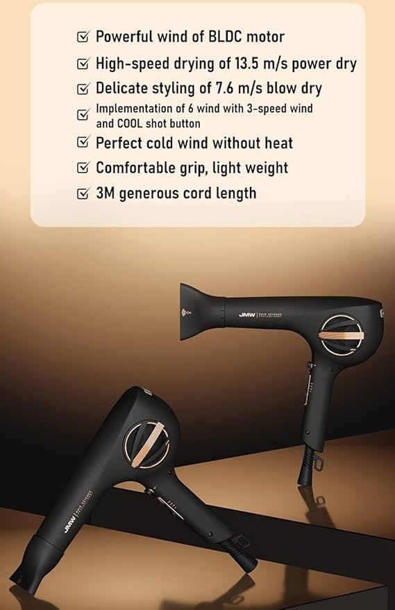 JMW M7502A-1800W Professional BLDC Motor Hair Dryer, Lightweight Fast Drying, Ionic Blow Dryer for Frizzy Hair, High Speed Salon Quality Hairdryer