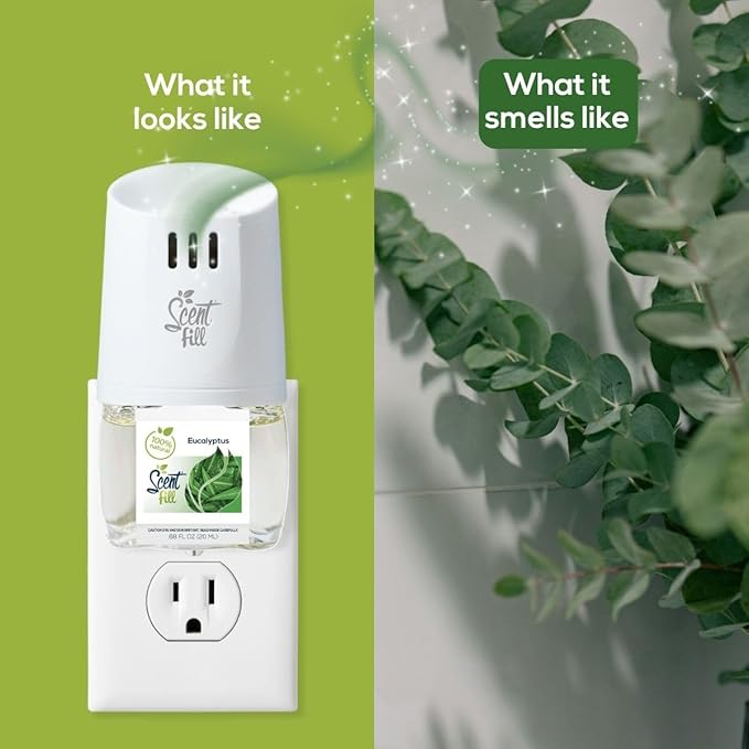 Scent Fill 100% Natural Eucalyptus Plug in Air Freshener, Scented Oil Refills, 2 Refills + Diffuser