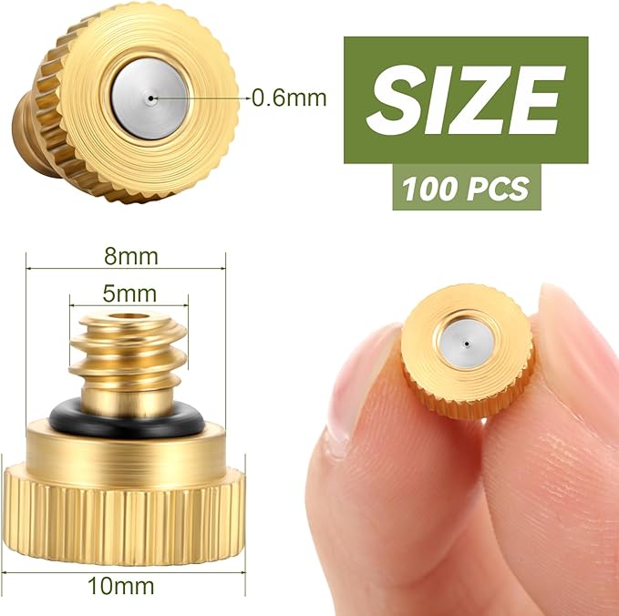 Zhengmy 100 Pcs 0.6mm Brass Misting Nozzles, Mister Nozzles Brass for Outdoor Cooling System Orifice 10/24 UNC Replacement Heads for Outdoor Cooling System