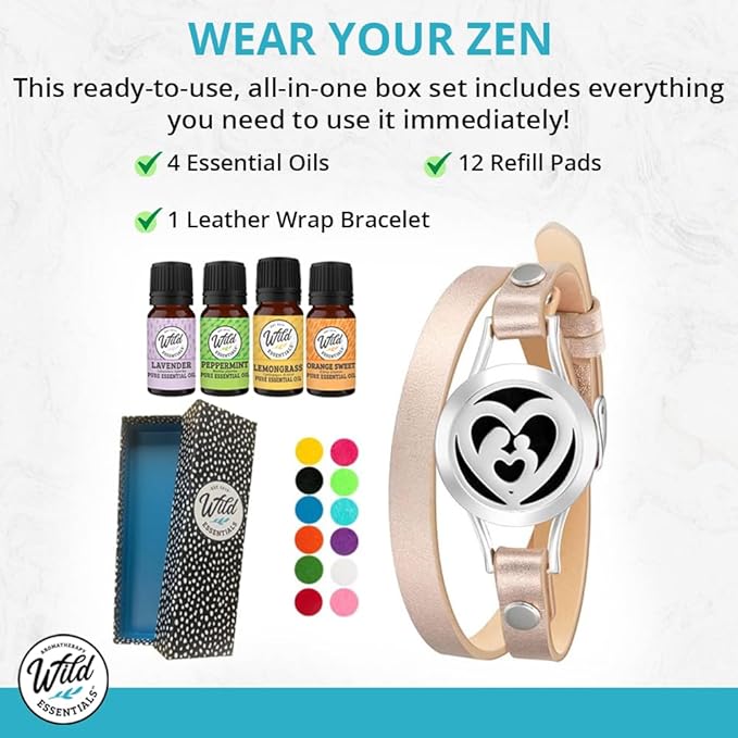 Wild Essentials Nautical Star Essential Oil Leather Wrap Bracelet Diffuser, Gift Set, Lavender, Lemongrass, Peppermint, Orange Oils, 12 Pads, Customizable Color Changing Perfume Jewelry, Aromatherapy