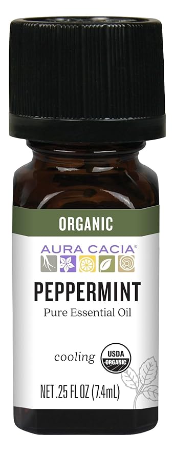 Aura Cacia Organic Peppermint Essential Oil, Mentha Piperita Oil, Cooling Aromatherapy for Diffusers, Skincare, Massage, Custom Blends | 0.25 Fl Oz (Pack of 1)