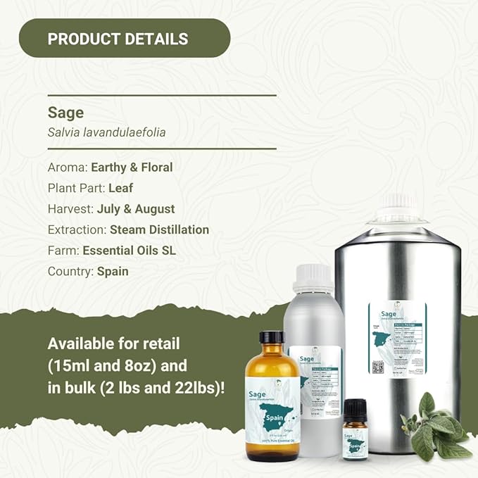 Sage Essential Oil - Direct from Essential Oils SL Spain - Steam Distilled - Aceite Esencial de Salvia for Aromatherapy, Massage, Diffuser, DIY Candle and Soap Making - 2lbs