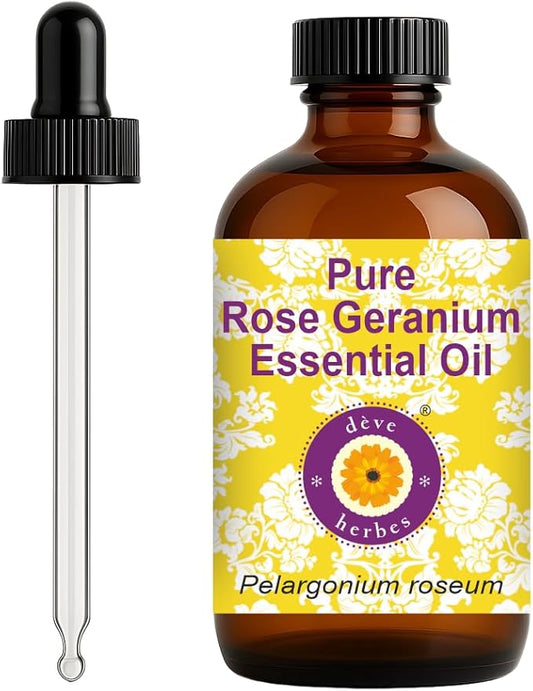 Deve Herbes Pure Rose Geranium Essential Oil (Pelargonium roseum) with Glass Dropper Steam Distilled 120ml (4 oz)