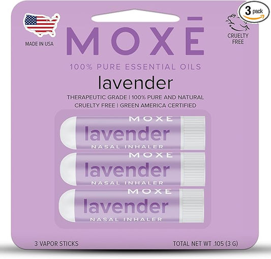 MOXĒ Lavender Essential Oil Nasal Inhaler, No-Mess Aromatherapy, Relaxation, Naturally Calming, Before Sleep Routine, Pure and Undiluted, Made in USA (3 Pack)