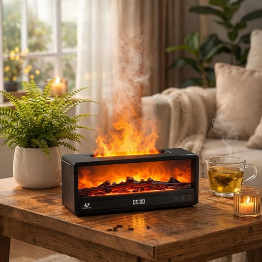 Fireplace Flame Humidifier with Magnetic Remote, 250ml Flame Diffuser, 7-Color Ambient Light, Quiet Aromatherapy Humidifier for Bedroom & Home Decor（matte black）