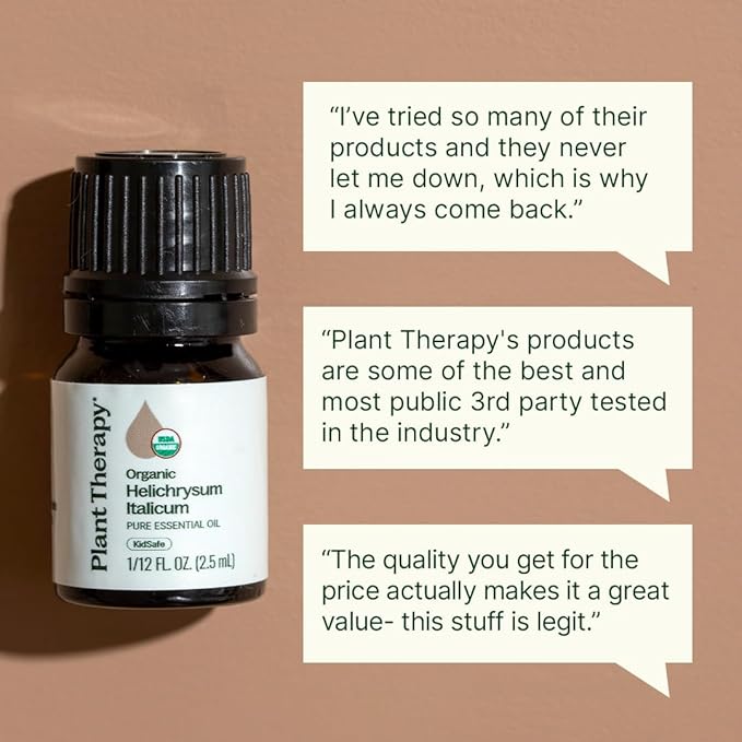 Plant Therapy Organic Helichrysum Essential Oil (Italicum), 2.5 mL (1/12 oz), 100% Pure, Undiluted, USDA Certified Organic, Great for Skincare, Diffusion, and Aromatherapy