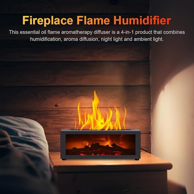 Fireplace Diffuser for Essential Oils Fireplace Humidifier with Remote 7 Colours Wall Mini Fireplace Aromatherapy Humidifier Diffuser Flame Diffuser with Remote Control, Timer, Auto-Off (Black)