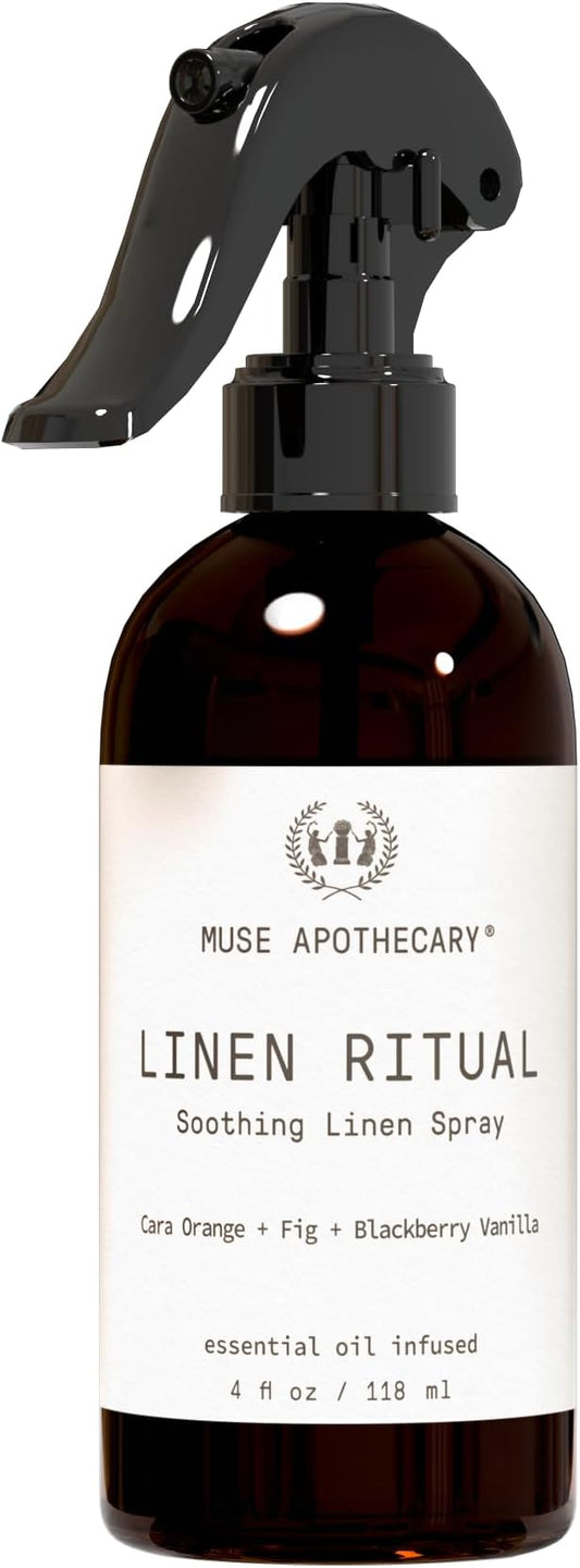 Muse Apothecary Linen Ritual - Aromatic, Soothing, and Relaxing Linen Mist, Laundry and Fabric Spray - Infused with Aromatherapy Essential Oils - 4 oz, Cara Orange + Fig + BlackBerry Vanilla