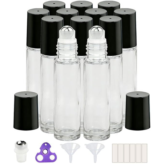 PrettyCare 12 Pack, 10 ml Essential Oil Roller Bottles with Stainless Steel Roller Ball - Refillable Leak-proof Empty Thick Clear Glass Roll on Bottles with Black Caps for Travel, Perfume