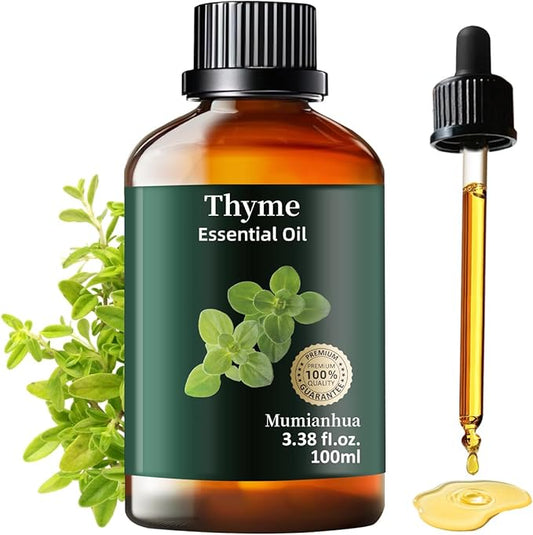 Thyme Essential Oil, Pure Thyme Oil Mumianhua Natural Outdoor Shield & Barrier Spray, for Patio, Garden, Camping, Air Purifying Diffuser & Skin 3.38 Fl Oz