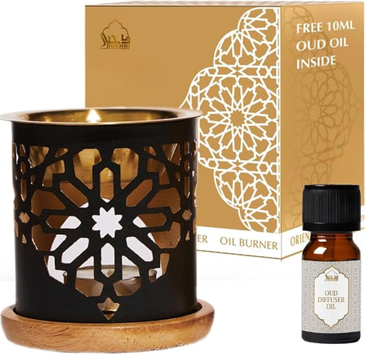 Dukhni Oil Burner | Brass Burner with Candle | Use for Essential Oil, Aroma Oil, Diffuser Oils | Relax with Home Aromatherapy, for Stress Relief, Meditation, Massage and Home Fragrance, Islamic Gift