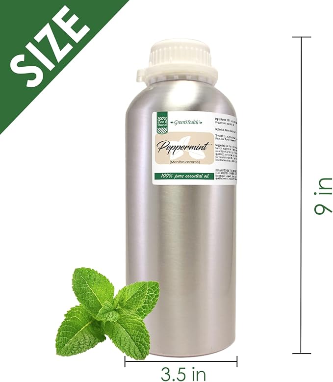 GreenHealth Peppermint Essential Oil – 32 fl oz (946 ml) – 100% Pure & Uncut – Strong Menthol Scent – Aluminum Bottle with Plug Cap – for Diffusers, Cleaning, DIY