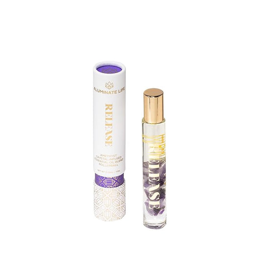 Essential Oil Rollerballs, .34 OZ, Release - Amethyst Crystal Infused - Scent of Lavender, Bergamot, & Frankincense - Aromatherapy Roll On Oils, Skin Care, Massage