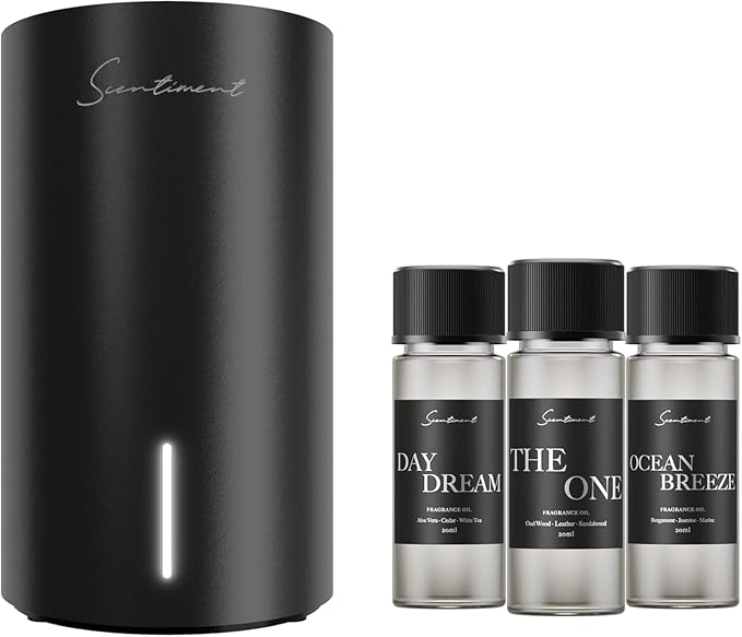 Scentiment Mini V2 LE Diffuser Discovery Kit – Includes 3 20ml Fragrance Oils: Day Dream, The One & Ocean Breeze | Up to 500 Sq Ft Coverage | Black