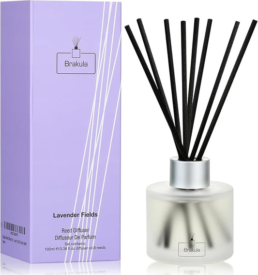 Brakula Reed Diffuser Set - Lavender Scented Essential Oil Includes 8 Sticks, Bathroom Bedroom Home Office Decor, 3.4 oz/100 ml