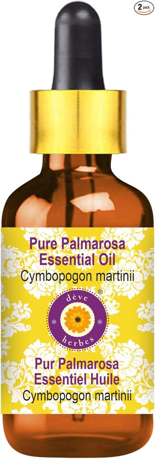 Deve Herbes Pure Palmarosa Essential Oil (Cymbopogon martinii) with Glass Dropper Steam Distilled (Pack of Two) 100ml X 2 (6.76 oz)