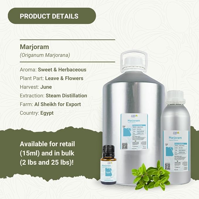 Marjoram Essential Oil - Direct from Al Sheikh for Export Egypt - Steam Distilled - Aceite de Mejorana for Aromatherapy, Massage, Diffuser, DIY Candle and Soap Making - 22lbs