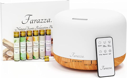 500ml Premium Essential Oil Diffuser, 5-in-1 Ultrasonic Aromatherapy Humidifier & Scent Vaporizer, Timer & Auto-Off, Remote, Brown with Oils Gift Pack - Natural Blend (Natural)