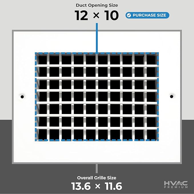12"w X 10"h Aluminum Double Deflection Adjustable Air Supply HVAC Diffuser - Full Control Vertical/Horizontal Airflow Direction - Vent Duct Cover [Outer Dimensions: 13.6"w X 11.6"h]