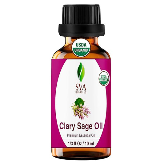 SVA Clary Sage Essential Oil Organic – 1/3 Fl Oz – 100% Natural Organic Clary Sage Oil - for Diffuser, Hair Care, Face, Skin Care, Aromatherapy, Scalp and Body Massage, Soap and Candle Making