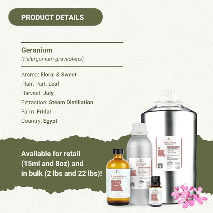 Geranium Essential Oil - Direct from Fridal Egypt - Steam Distilled - Aceite de Geranio for Aromatherapy, Massage, Diffuser, DIY Candle and Soap Making - 22 lbs