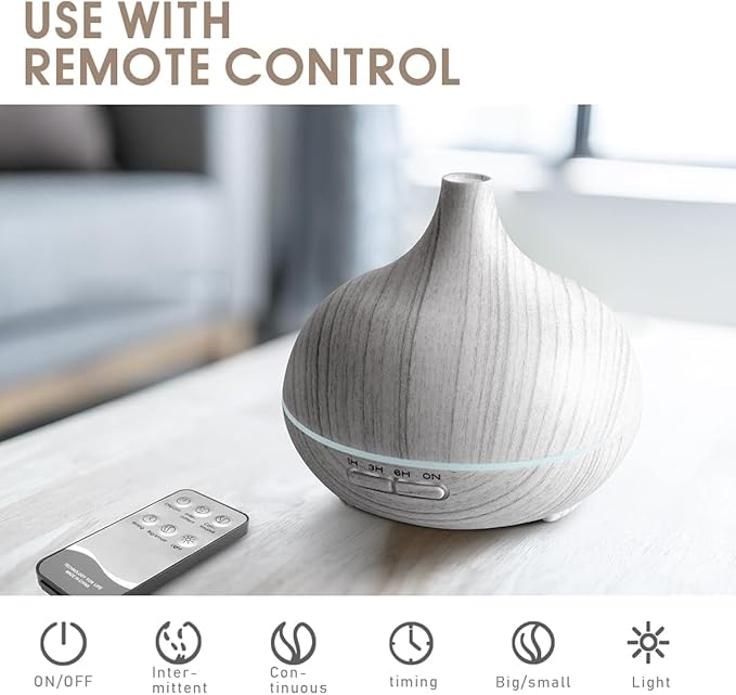 550ml Large Capacity Essential Oil Diffuser with 6 Aromatherapy Oils,Humidifier for Home Decor with Waterless Auto-Off,7 Color LED Light for Yoga Gym Office Decoration (White Wood Grain)