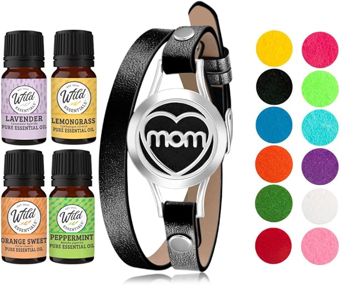 Wild Essentials MOM Essential Oil Leather Wrap Bracelet Diffuser Kit, Gift Set, Lavender, Lemongrass, Peppermint, Orange Oils, 12 Pads, Customizable Color Changing Perfume Jewelry, Aromatherapy