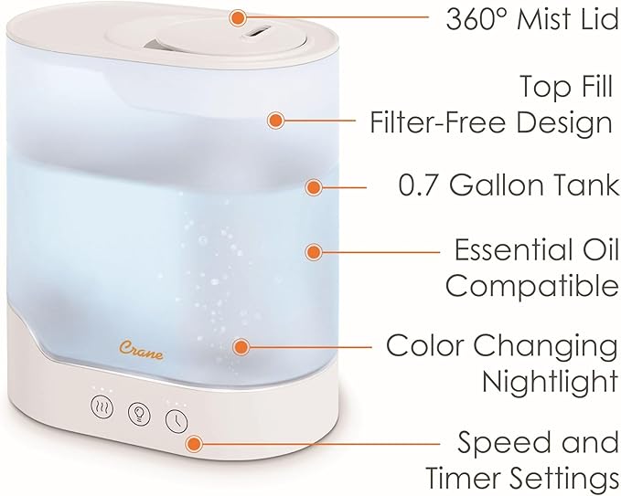 Crane 0.7 Gallon Top Fill Cool Mist Humidifier and Aroma Diffuser, with Color-Changing Night Light and Aroma Diffuser Function, Humidifier For Bedroom, Office or Nursery
