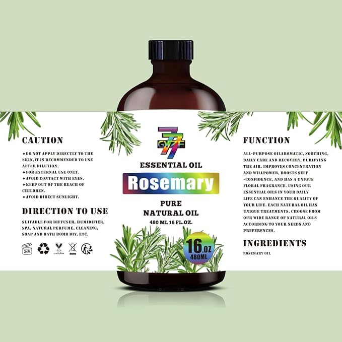Rosemary Essential Oil - GV77ZF Rosemary Oils for Diffusers, Humidifiers, DIY Candles, Soap, Cleaning, Home, Office, Yoga, Massage, Gifts - 16 fl oz (480 ml)