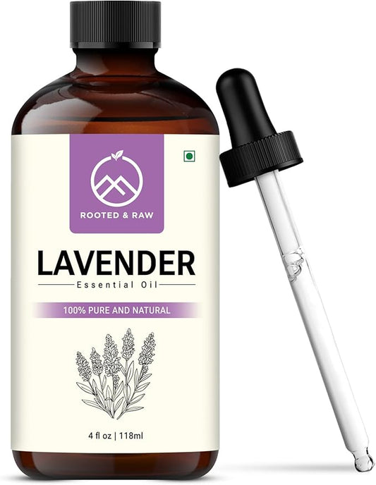 Lavender Essential Oil – 100% Pure Lavender Oil for Diffuser, Aromatherapy, Sleep, Skin & Hair – Large 4 fl oz with Glass Dropper – ROOTED & RAW
