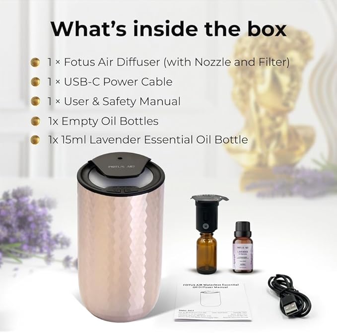 Waterless Essential Oil Diffuser – Portable Cordless Aromatherapy Diffuser for Home, Car, Office – 3 Mist Levels - 4 Timer Modes - 15ml Oil Capacity - USB-C Rechargeable