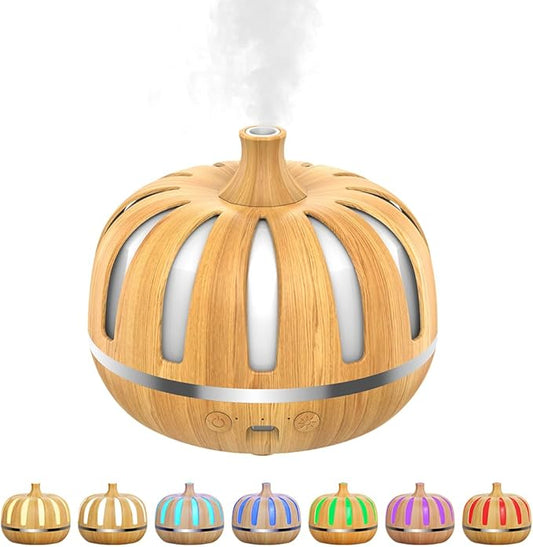 Essential Oil Diffuser 300ml for Home Bedroom, Aromatherapy Oil Diffuser with 3H 6H Timer, 7 Color Light, USB Type-C, Pumpkin Design, Auto Shut-Off(Light Woodgrain, Pumpkin)