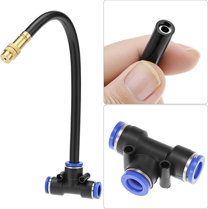QWORK Brass Misting Nozzles Tee with 8" Built-in Hose, 5 Pack Brass Water Mister Nozzles Thread Sprayer 0.043", 360° Adjustable Rotation, Energy Efficient with Easy Installation