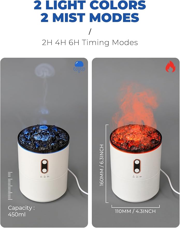 Volcano Humidifier Flame Aroma Diffuser, Personal Desktop Jellyfish Mist Flame Spray Humidifier for Bedroom Plants Office, Auto Shut-Off, 450ml, USB Power