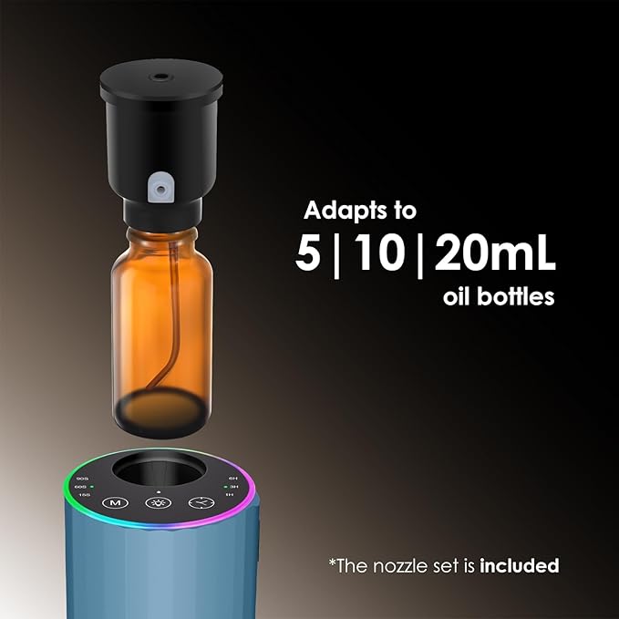 Waterless Essential Oil Diffuser, 7 Colors LED Light, Battery Powered Mini Scent Air Machine, Aromatherapy Mist Diffuser for Home Room Car Office，Black Aluminum Alloy (Black) (Blue)