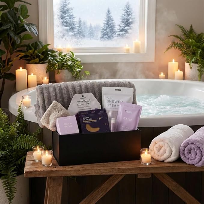 Vienna Lavender Self-Care Spa Gift Set, 7-Piece Relaxation Kit with Bath Essentials, Black Gift Box (8-Piece Set)