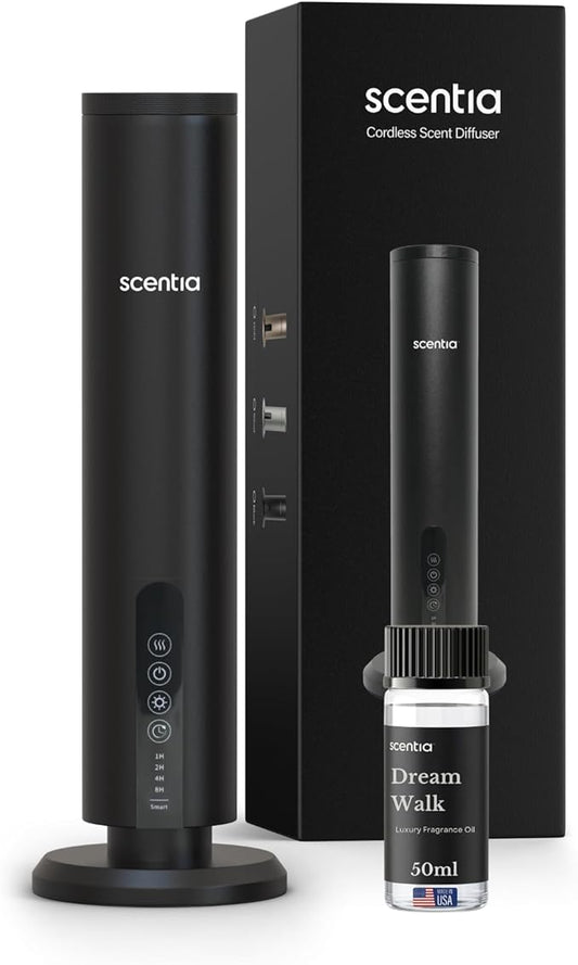 Scentia Wireless Waterless Hotel Scent Diffuser | Includes Premium USA-Made Oil Blend | App Controlled, Cordless | Home, Office, Spa, Aromatherapy | Covers 1500 Sq Ft | 72 Hrs in 1 Charging | Black