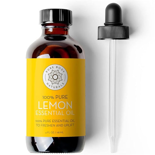 Pure Body Naturals Lemon Essential Oil, 4 fl oz - 100% Pure & Undiluted Lemon Oil for Diffuser and DIY - Natural Deodorizer, Laundry Freshener, Household Cleaner and Degreaser