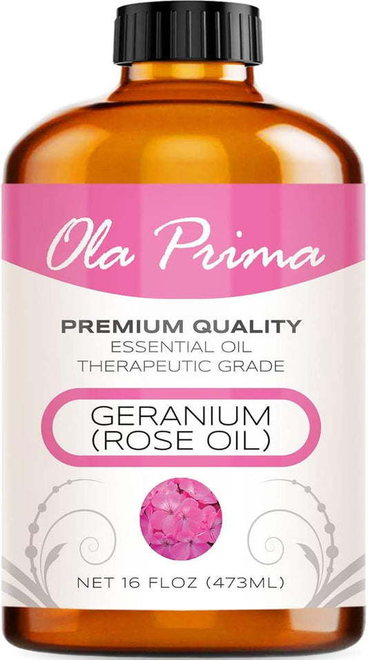 Ola Prima Rose Geranium Essential Oil Pure Therapeutic Grade for Aromatherapy Diffuser, Relaxation & Skincare (16oz Bulk)