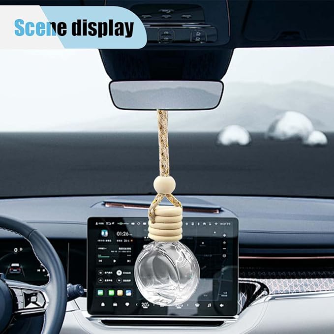 5PCS Hanging Car Rear View Mirror Charm - 8ml Empty Glass Bottle Pendant Automobile Interior Decoration for Rearview Mirror Ornament (Flat Round)