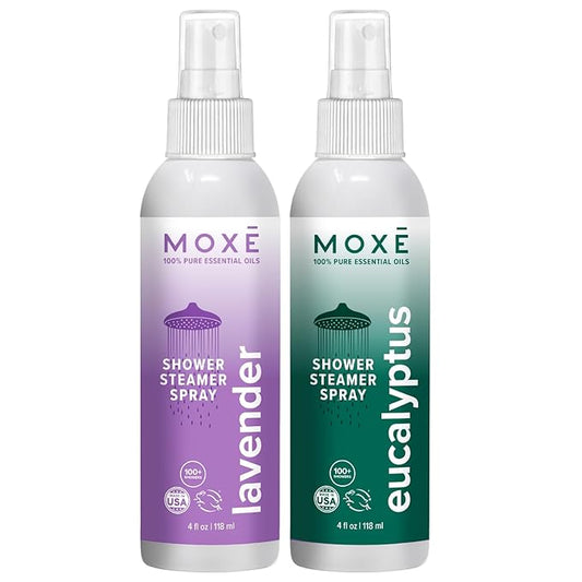 MOXE Shower Mist, Spa Steam Spray, Certified Natural Essential Oils, Aromatherapy, Calming Relief (Lavander and Eucalyptus, 4 Fl Oz (Pack of 2))