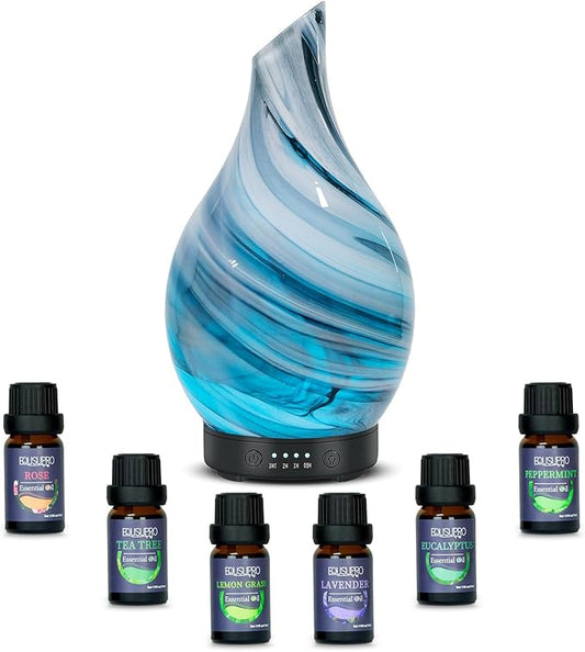 Essential Oil Diffuser Aromatherapy Diffuser - Art Glass Oil Diffuser with Auto Shut-Off Protection 4 Timer Setting 7 Colors Changed LED Night Light for Home Office Decor Gift (Diffuser&Oils Set)