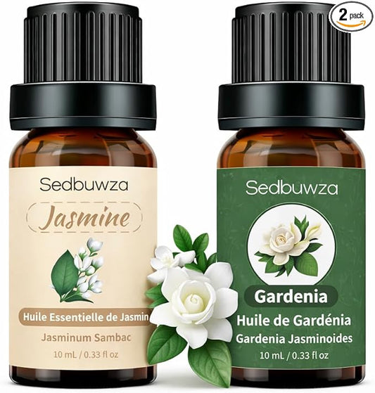 Sedbuwza Gardenia Jasmine Essential Oil Set, Gardenia Fragrance Oil Jasmine Scent Oil Set for Diffuser, Aromatherapy, Massage, Soap, Candle Making 2 x 10 ml