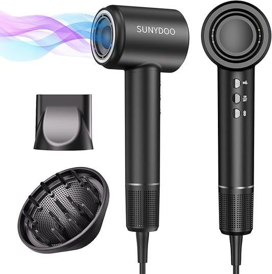 High Speed Brushless Hair Dryer with Thermo-Control, Diffuser, and Nozzle for Fast, Low-Noise Drying